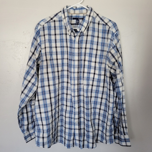 Basic Editions Men's Large Long Sleeve Plaid Button Up Shirt Blue Ivory Dress - Picture 1 of 5